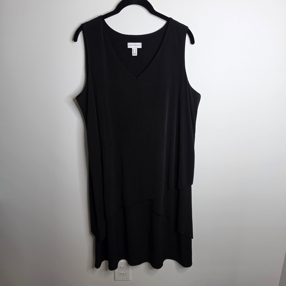 Susan Graver Dress Womens Large Tiered Layered V-Neck Black